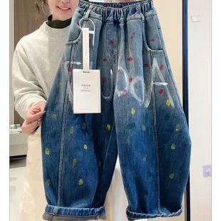 【加绒  不加绒】手绘涂鸦男童加绒儿童牛仔裤秋冬季男孩弯刀裤