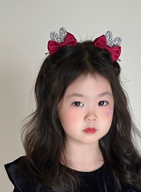 高级感红色闪亮女童可爱风发夹立体兔耳朵发卡宝宝蝴蝶结新年发饰