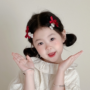 高级质感酒红爱心蝴蝶结儿童刘海夹子女童可爱风发夹洋气发卡发饰