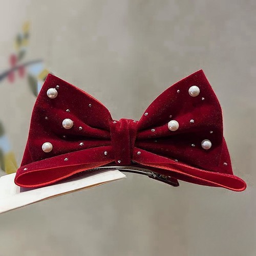 公主酒红丝绒珍珠立体蝴蝶结发夹