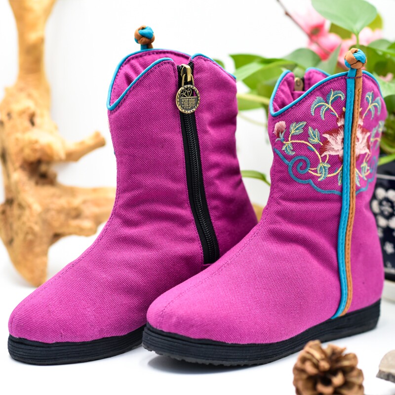 汉舞民族风女鞋短靴冬平底绣花鞋复古圆头保暖加绒布靴子天香
