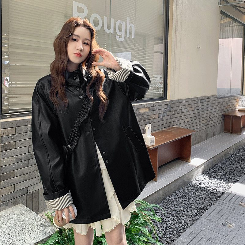 甜酷撞色条纹皮衣外套女2025秋季日系松弛复古高级感黑色PU皮夹克,女装皮衣,2D109