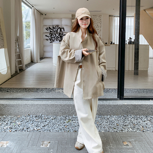 韩系格子拼接设计风衣外套女2025秋季新款宽松中长款立领夹克外套图片