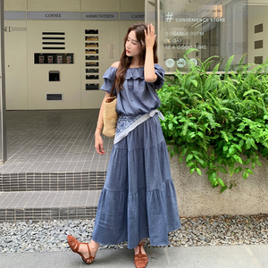 深蓝色高级感气质套装裙女2025年夏季新款木耳边上衣半身裙两件套图片