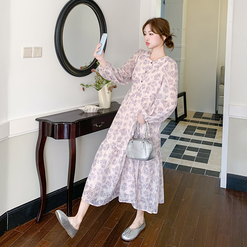 法式优雅温柔风印花长裙2025春季减龄收腰垂感女粉紫色碎花连衣裙,女装连衣裙,2D109