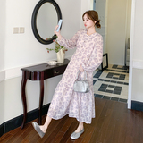 法式优雅温柔风印花长裙2025春季减龄收腰垂感女粉紫色碎花连衣裙，女装连衣裙，2D109