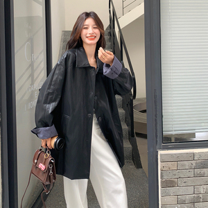 格纹撞色拼接连帽皮衣外套女2025早春秋韩系气质设计感中长款风衣图片