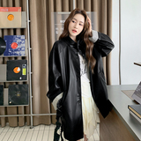 甜酷撞色条纹皮衣外套女2025秋季日系松弛复古高级感黑色PU皮夹克，女装皮衣，2D109