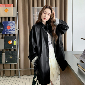 甜酷撞色条纹皮衣外套女2025秋季日系松弛复古高级感黑色PU皮夹克图片
