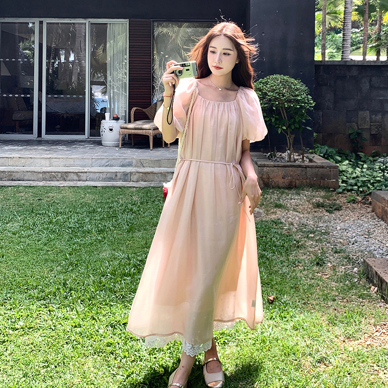 法式仙气飘飘粉色连衣裙女夏季2025新款温柔风蕾丝拼接绝美长裙子,女装连衣裙,2D109