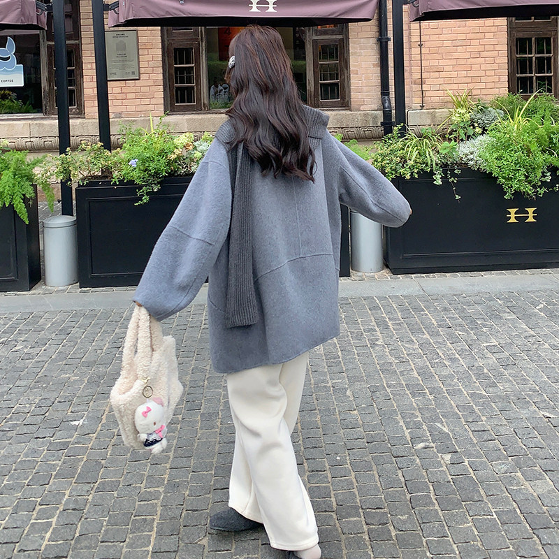 韩系围巾羊毛蓝色双面呢大衣外套女秋冬2025新款巨好看小个子大衣,女装毛呢外套,2D109
