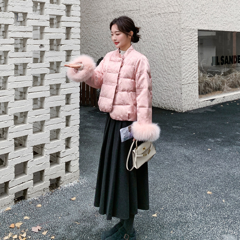 粉色新中式提花羽绒服女2025冬季新款小个子减龄保暖90白鸭绒外套图片
