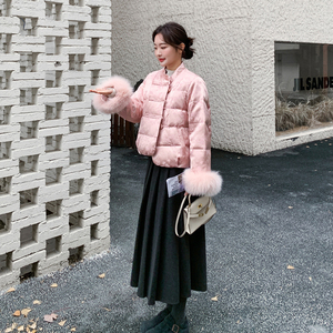 粉色新中式提花羽绒服女2025冬季新款小个子减龄保暖90白鸭绒外套图片