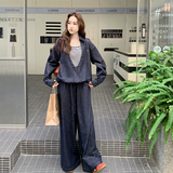 深蓝色复古休闲牛仔套装女2025年秋季新款慵懒松弛感阔腿裤两件套，女装套装/套裙，2D109