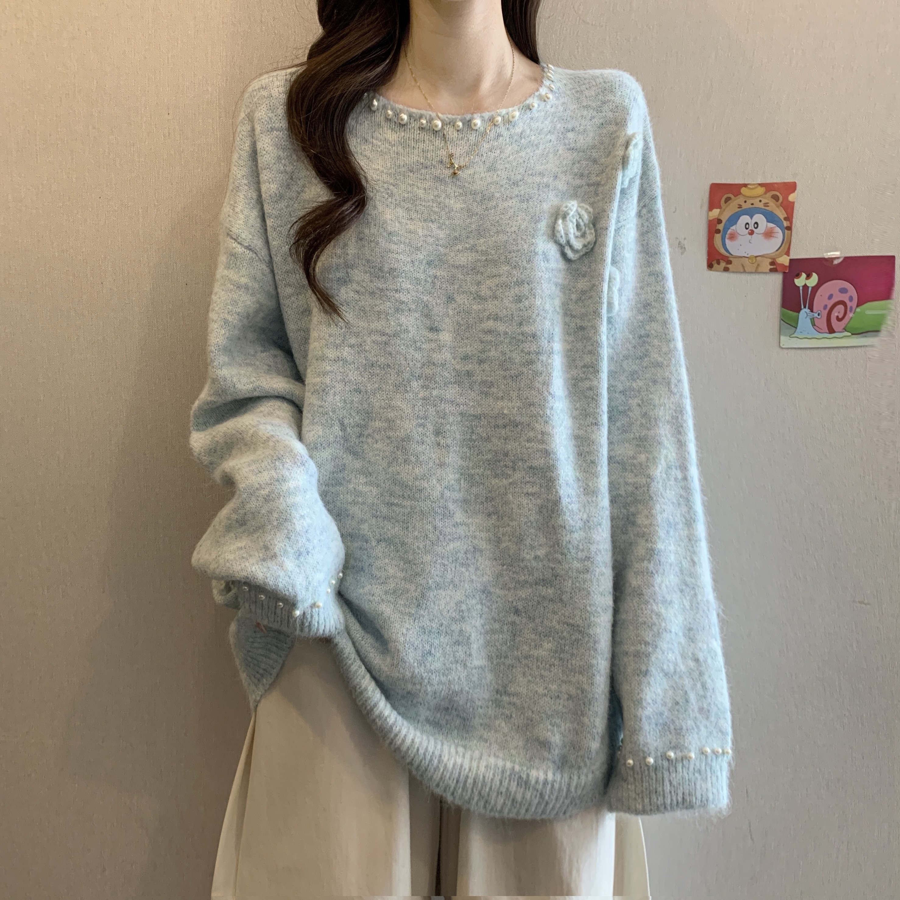 大码设计感重工钉珠花朵毛衣女