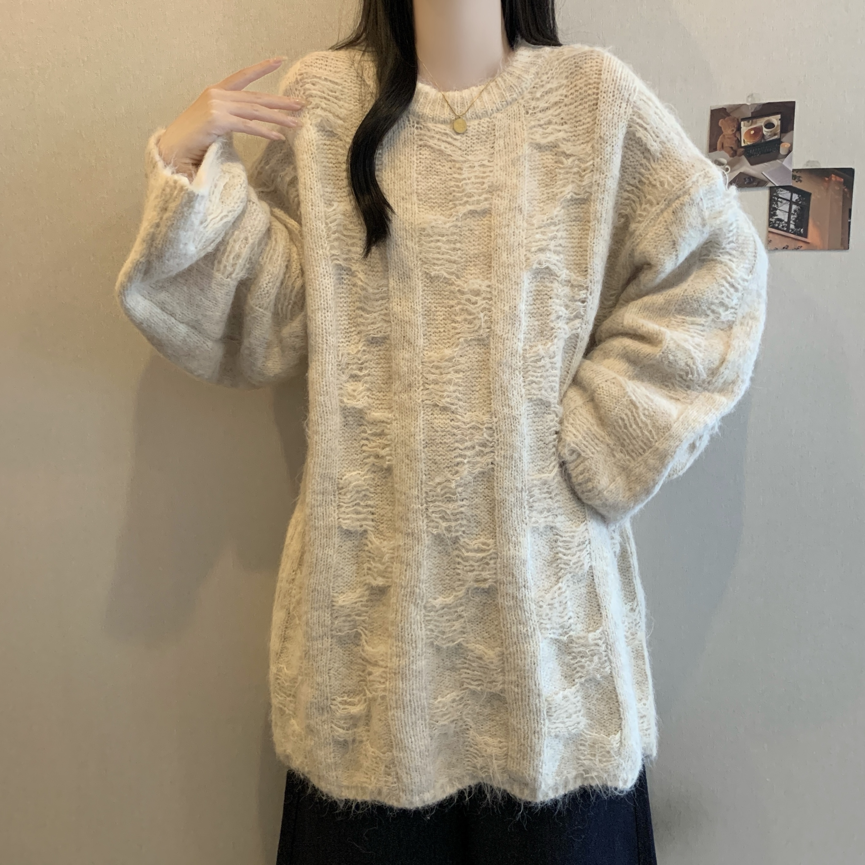 慵懒松弛感立体编织针织衫大码女装胖mm中长款遮屁股破洞毛衣上衣