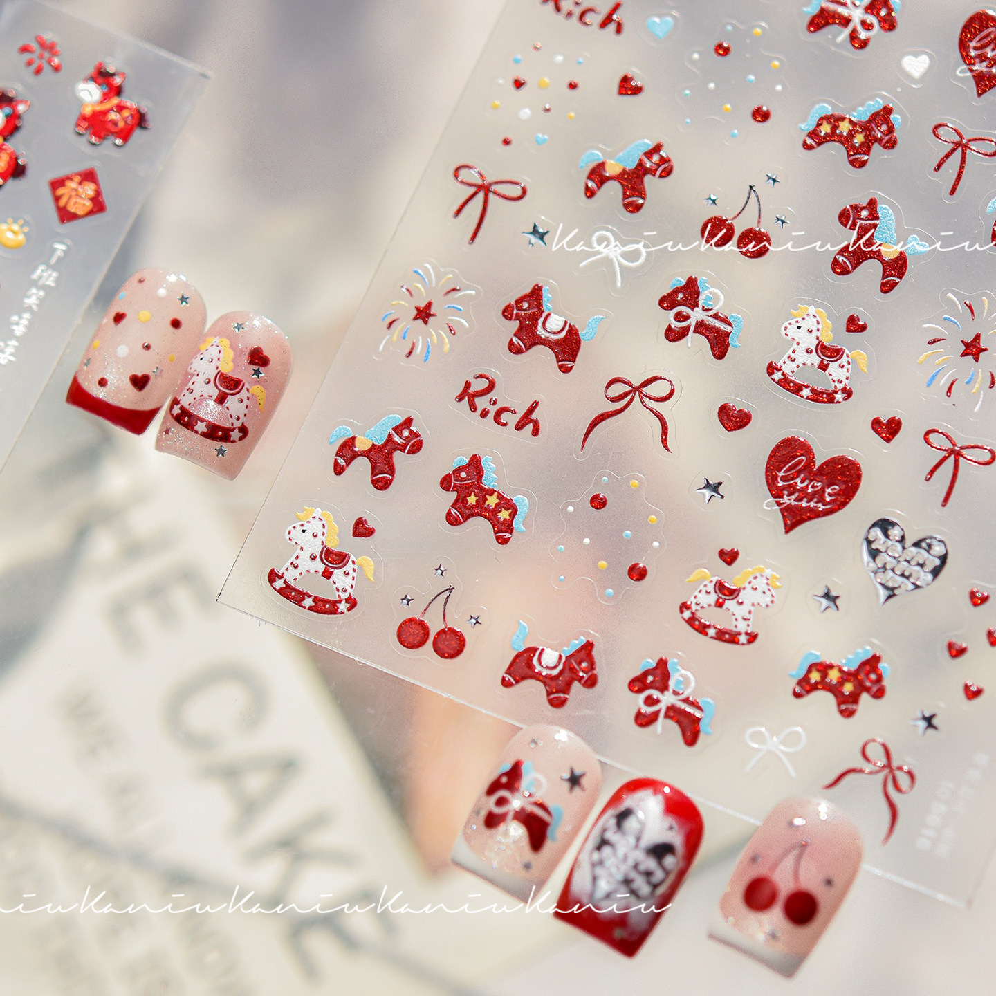 美甲新年红色小马贴纸蝴蝶结爱心烫银烟花卡通浮雕立体指甲装饰品,彩妆/香水/美妆工具,指甲装饰,淘宝优惠券,粉丝福利购,淘宝优惠卷