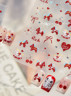 美甲新年红色小马贴纸蝴蝶结爱心烫银烟花卡通浮雕立体指甲装饰品