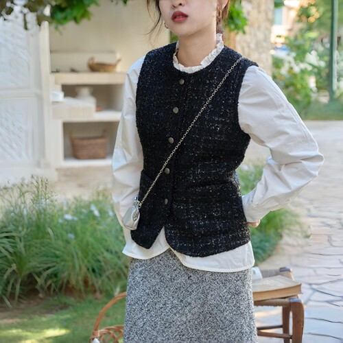 好在 节日派对 小个子150优雅复古亮丝收腰全羊毛香奶奶风马甲