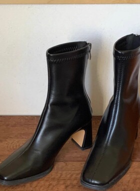 好在 气质王者  法式方头粗跟高跟弹力靴短靴瘦瘦靴女鞋