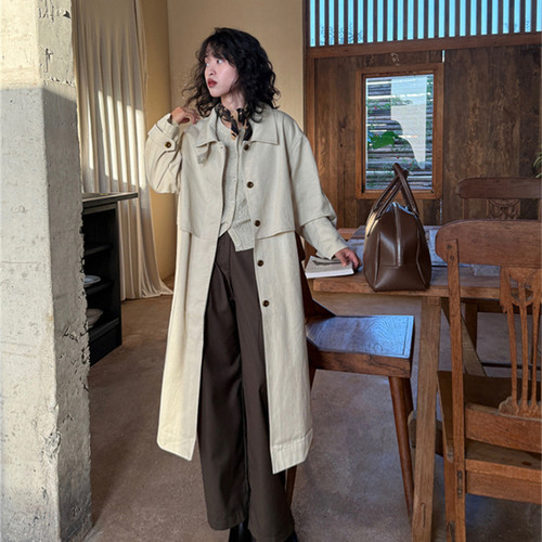 小个子立领杏色廓形秋长款风衣厚