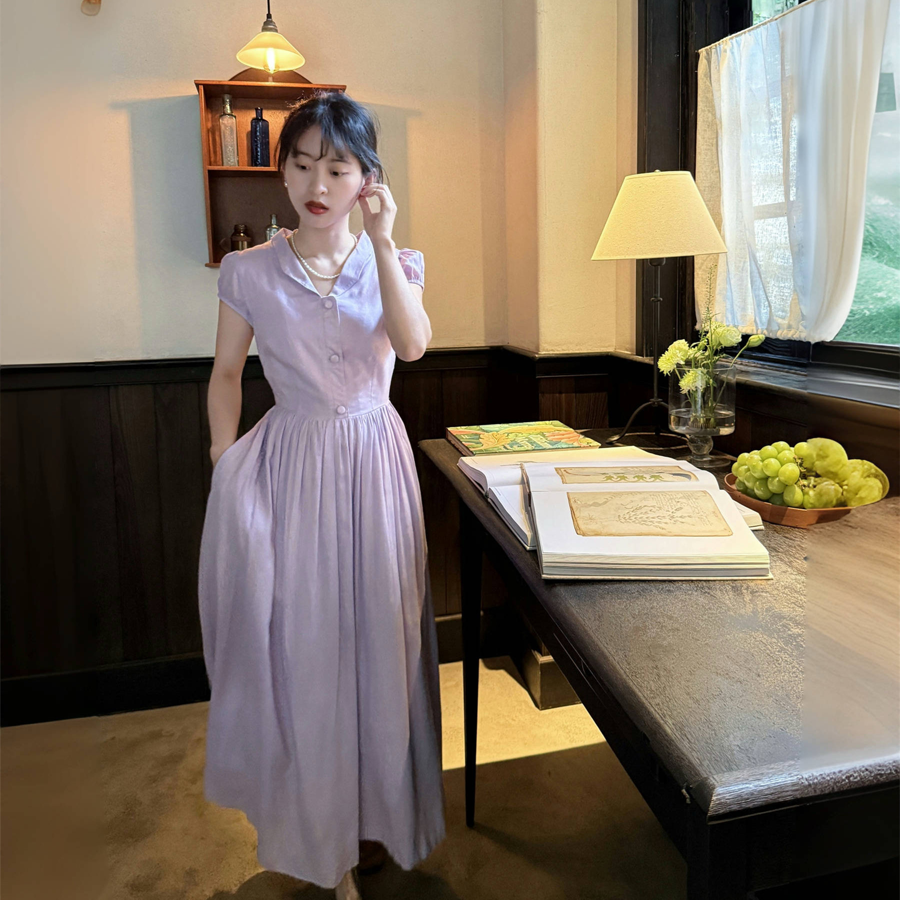 好在 鸢尾夏夜 小个子150法式淡紫色亚麻连衣裙赫本收腰初恋裙