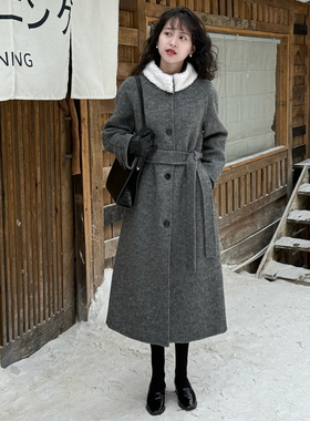 好在 北海道情书 小个子毛领可拆卸两穿花灰羊驼毛双面呢系带大衣