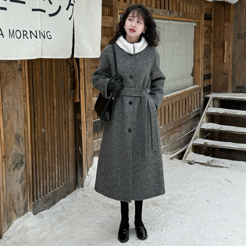 好在 北海道情书 小个子毛领可拆卸两穿花灰羊驼毛双面呢系带大衣