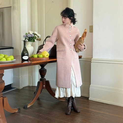 羊驼毛藕粉斜襟立领双面呢大衣
