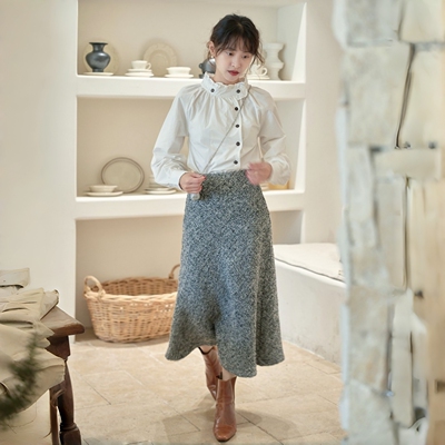 好在 流浪诗人 小个子150厚实斜裁鱼尾摆羊进口羊毛呢花灰半身裙