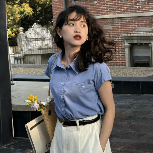 好在自制 夏日海岸线 小个子150进口高支棉百搭蓝色短袖衬衫2026