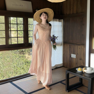 古典腰线法式 立减到手235 格橘粉背心系带连衣裙夏 上新9折 好在