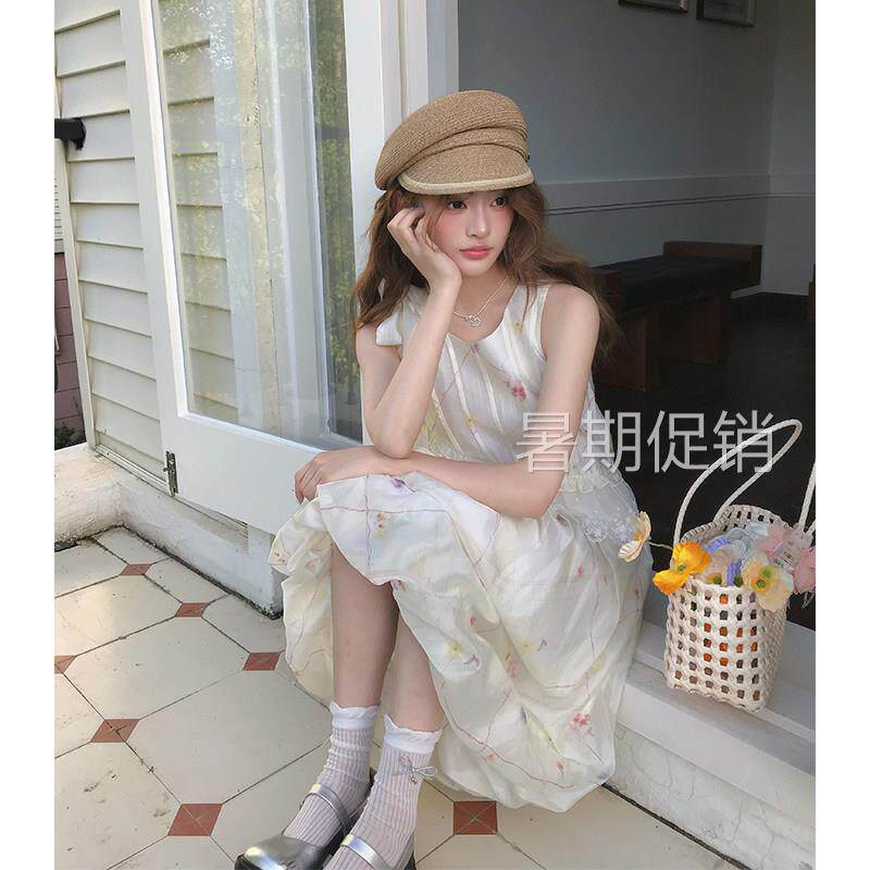 阮阮自制 洛兰花 蝴蝶结无袖碎花连衣裙女气质时髦甜美背心裙