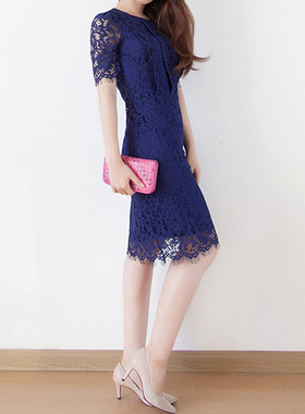 Mars Studio春夏 唯美蕾丝 成熟优雅 手臂镂空短袖修身收腰连衣裙