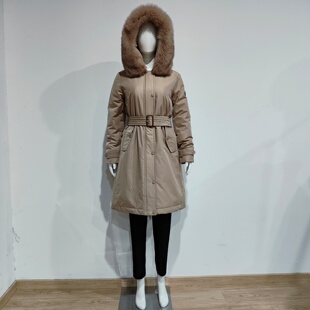 剪标外贸意大利冬季女士鹅绒服中长款加厚保暖大码连帽毛领羽绒服