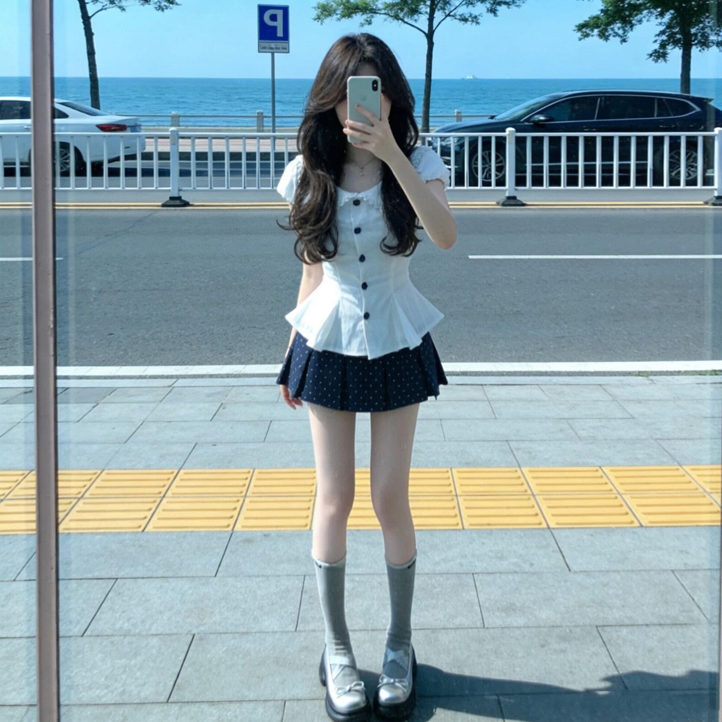 纯欲学院风娃娃领收腰鱼尾上衣女夏季新款显瘦波点百褶裙裤裙套装