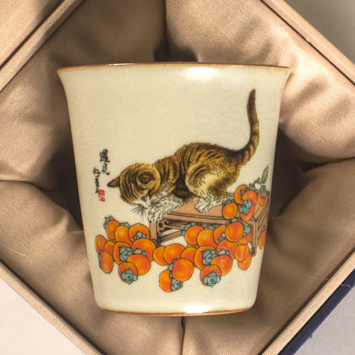 正品简约柿子猫140ml汝窑主人杯
