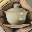 豆黄仿古汝窑三才盖碗家用茶具泡茶碗开片陶瓷功夫盖杯复古敬茶杯