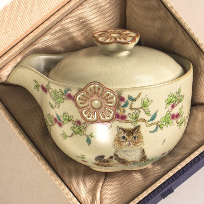 正品高颜值150ml米黄汝窑手抓壶