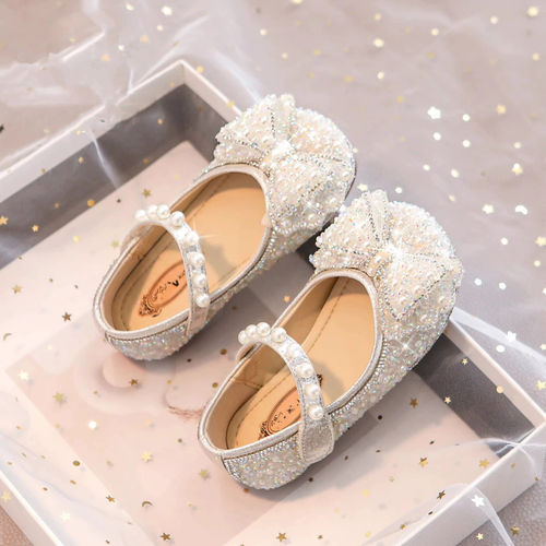 女童春秋水钻珍珠蝴蝶结公主鞋