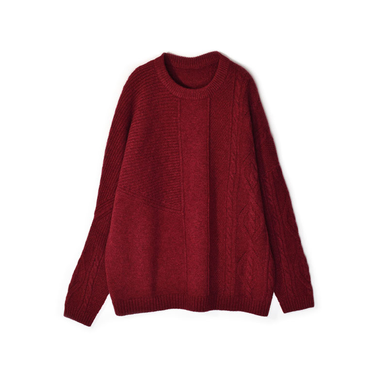 新款秋冬定制针织百搭加厚绞花牦牛绒圆领套头衫