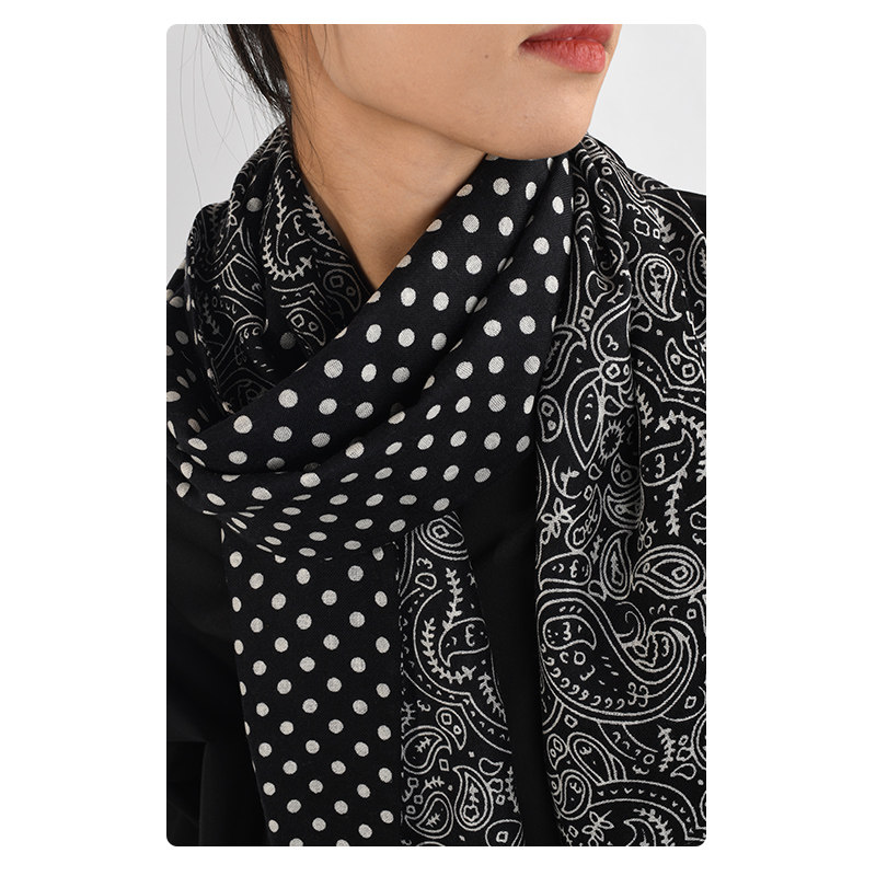 新北欧定制腰果花波点双层印花黑白百搭羊毛围巾,服饰配件/皮带/帽子/围巾,围巾/丝巾/披肩,淘宝优惠券,粉丝福利购,淘宝优惠卷