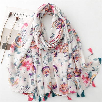 Cotton and linen feel scarf retro ethnic color flower thin