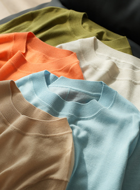 85714 福利特 女士全羊毛针织衫 圆领五分袖打底衫 中袖T 秋款