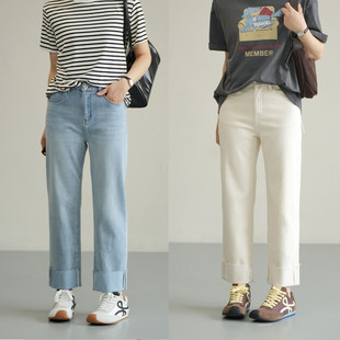 女士卷边烟管牛仔裤 百搭弹力直筒裤 简约休闲九分裤 春款 女装