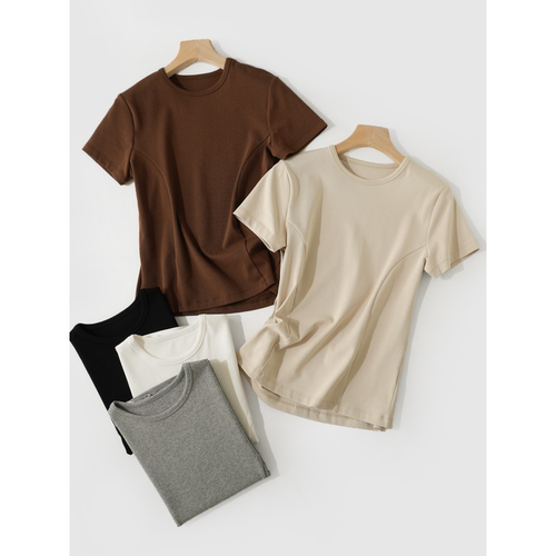 收腰短袖圆领上衣赫本风