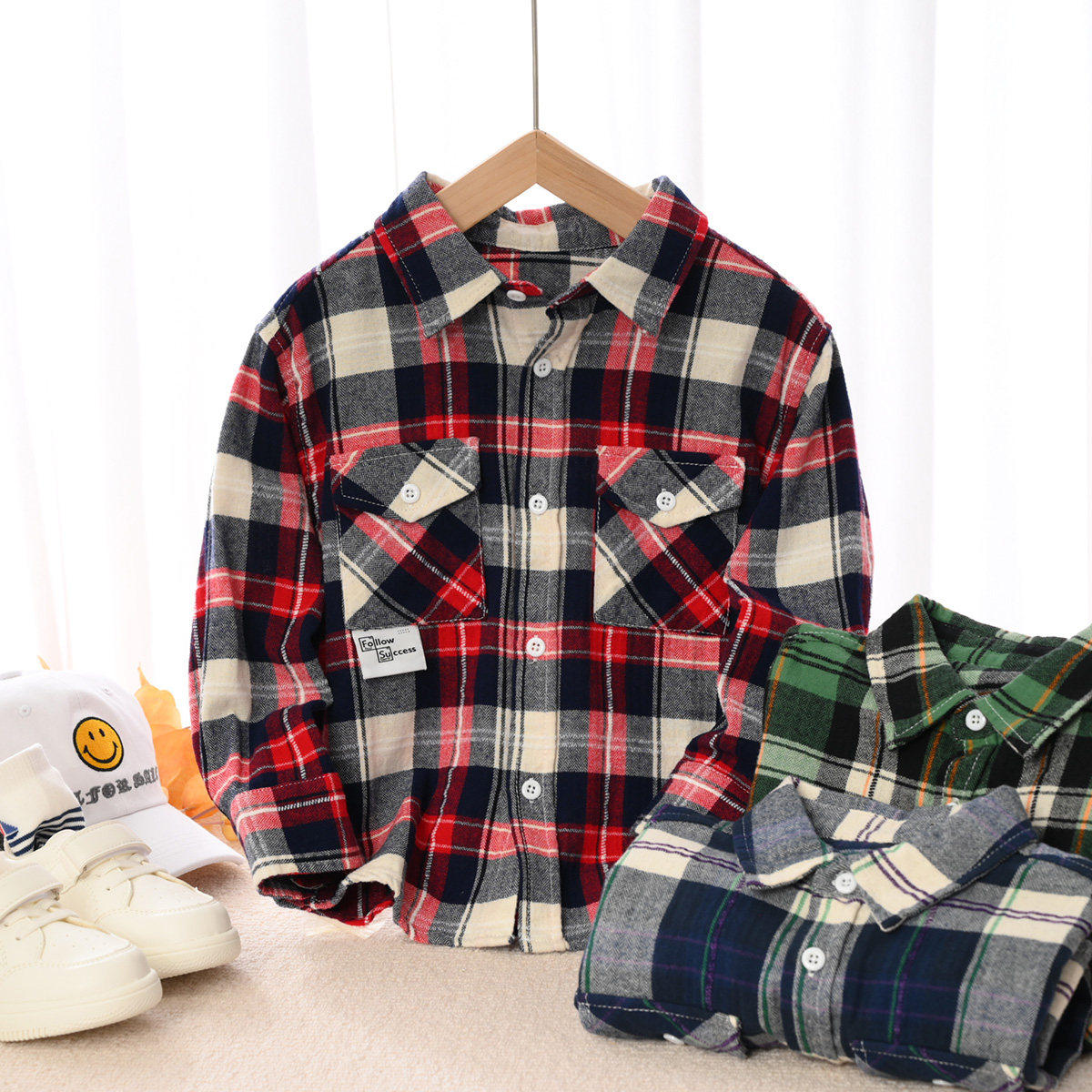 特 儿童纯棉格子衬衣 男女童长袖衬衫中大童秋季