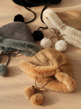 85912 女士毛绒渔夫帽 保暖护耳帽 加厚加绒素颜盆帽 滑雪帽子 冬