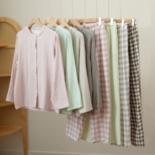 女士圆领睡衣套装 秋款 纯棉长袖 家居服 长裤 40支双层色织纱布