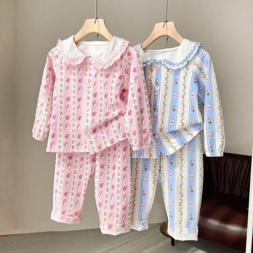83383特 儿童纯棉家居服套装 女童娃娃领睡衣睡裤中大童起居服